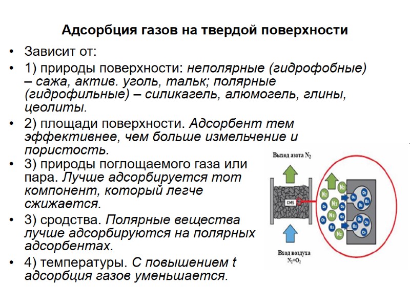 Адсорбция газов на твердой поверхности Зависит от: 1) природы поверхности: неполярные (гидрофобные) – сажа, Адсорбция газов на твердой поверхности Зависит от: 1) природы поверхности: неполярные (гидрофобные) – сажа,